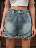 Women's Loose Fit Raw Hem Studded Denim Bottoms