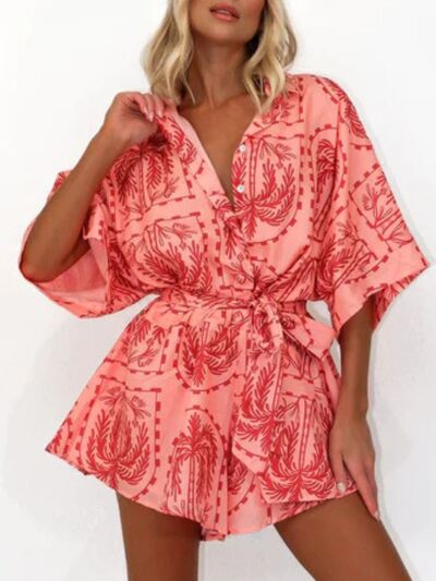 MUNSIEUR Printed Tie-Waist Romper - Luxury Half Sleeve Jumpsuit for Women