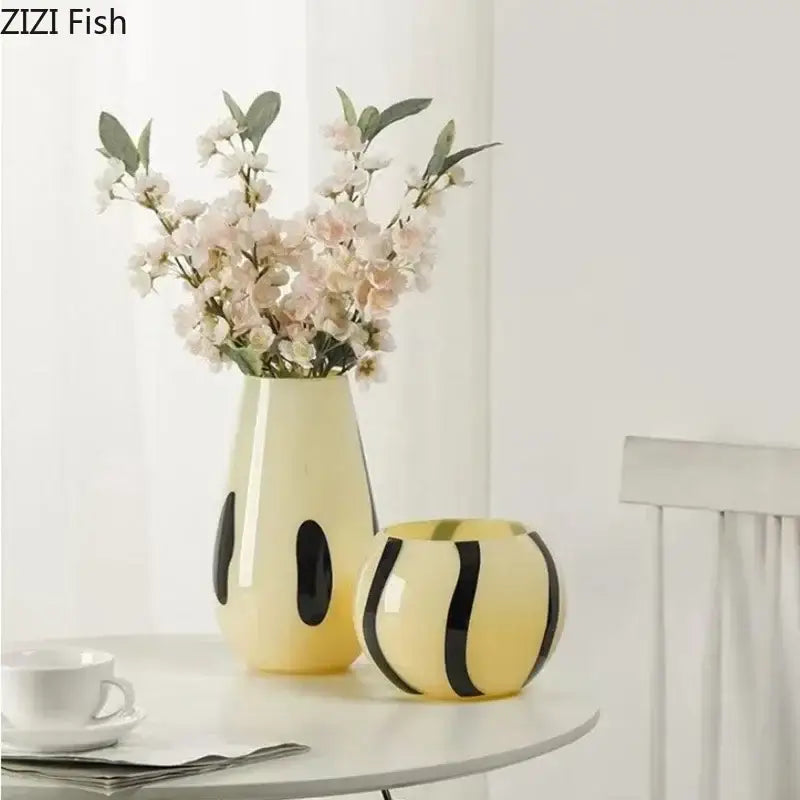 Abstract black stripes cream ceramic vase living room decor