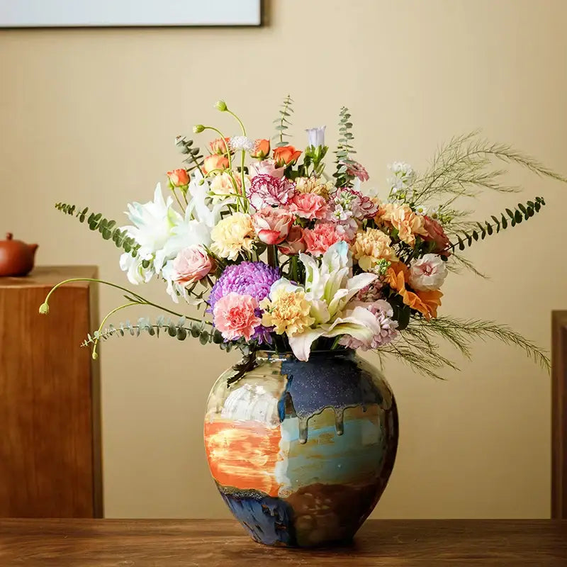 Abstract floral design hand-painted ceramic vase living room decor