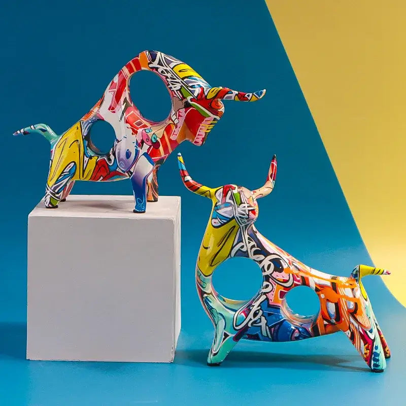 Abstract graffiti ceramic colorful bull statue living room decor