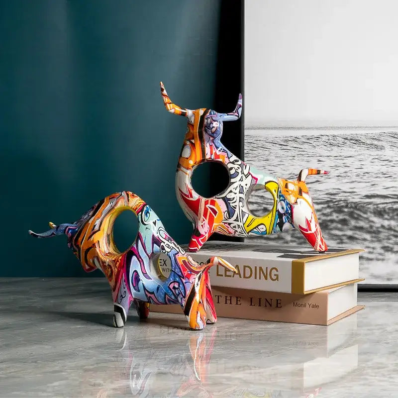 Abstract graffiti ceramic colorful bull statue living room decor