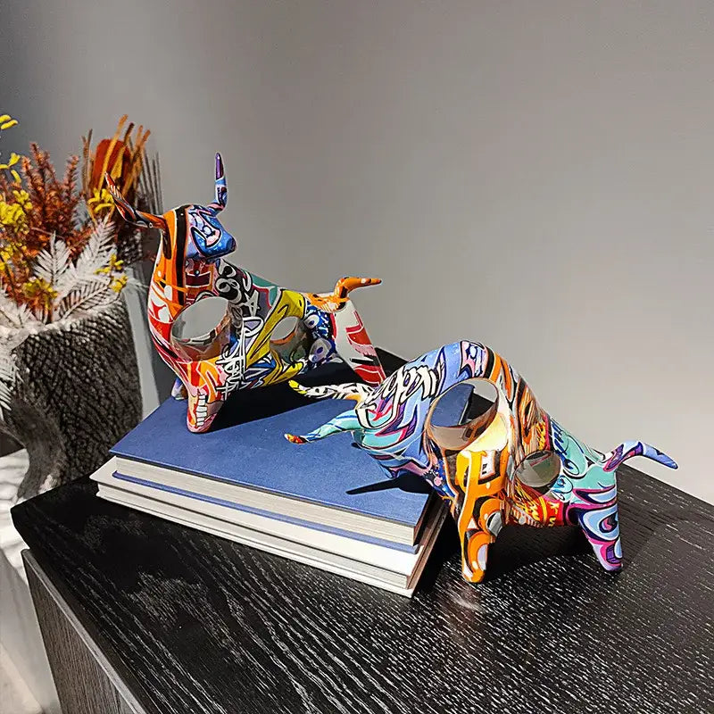 Abstract graffiti ceramic colorful bull statue living room decor