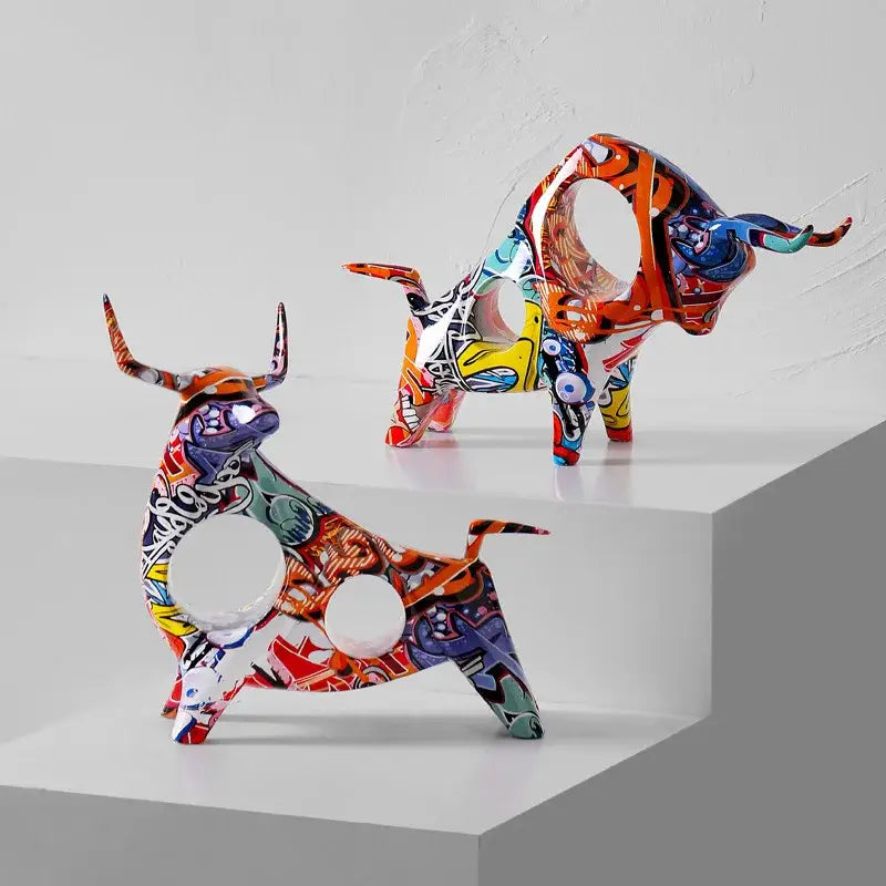 Abstract graffiti ceramic colorful bull statue living room decor