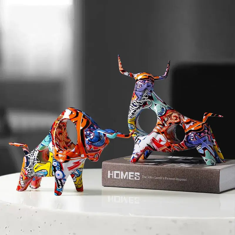 Abstract graffiti ceramic colorful bull statue living room decor
