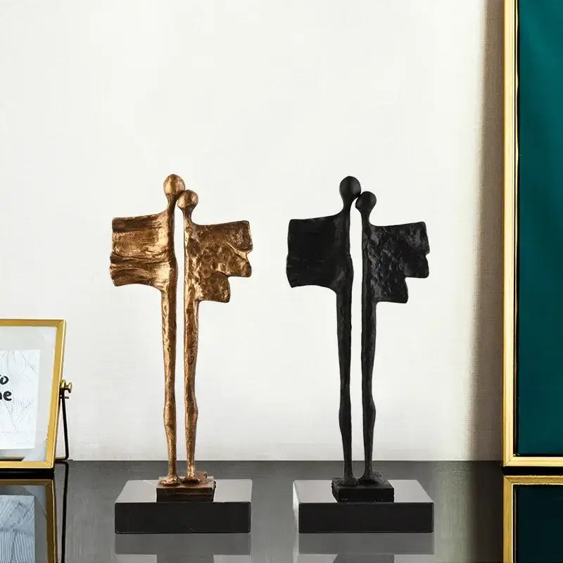 Abstract iron cast couple statue gold & black living room decor