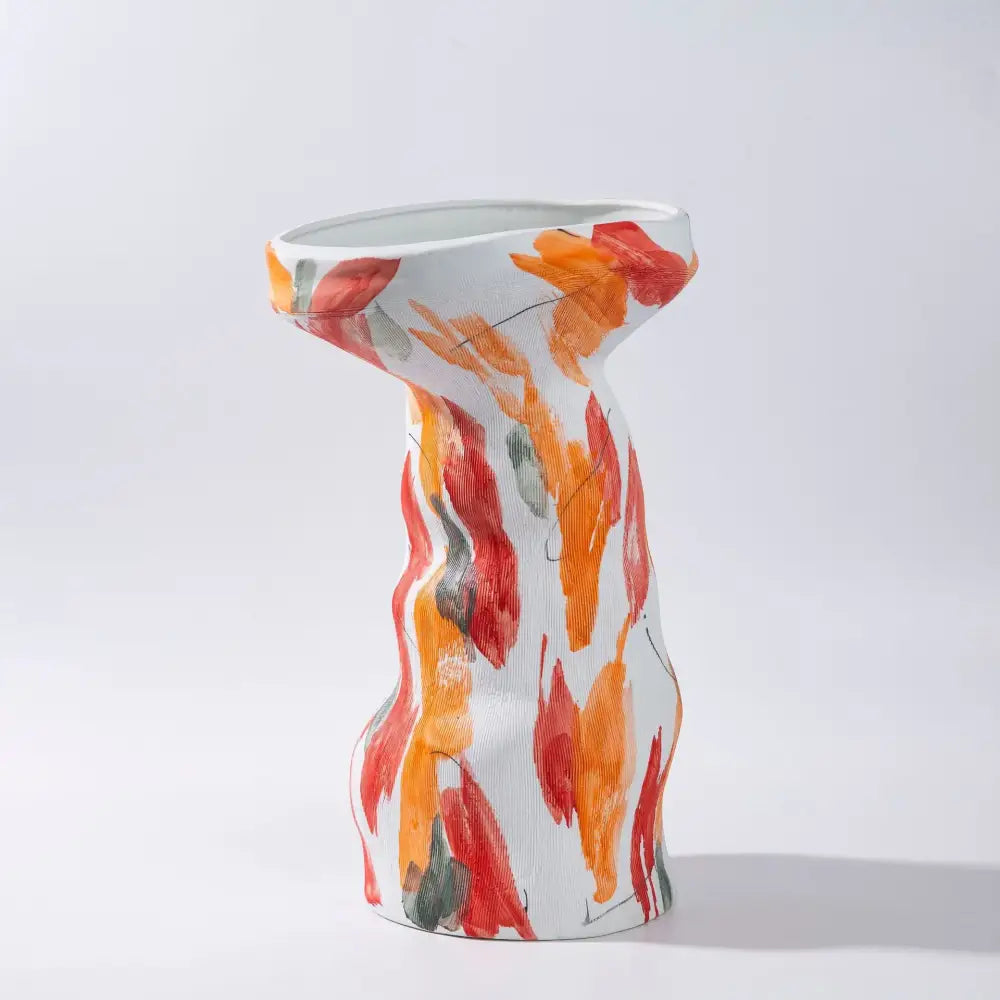 Abstract irregular orange & red ceramic vase set living room decor