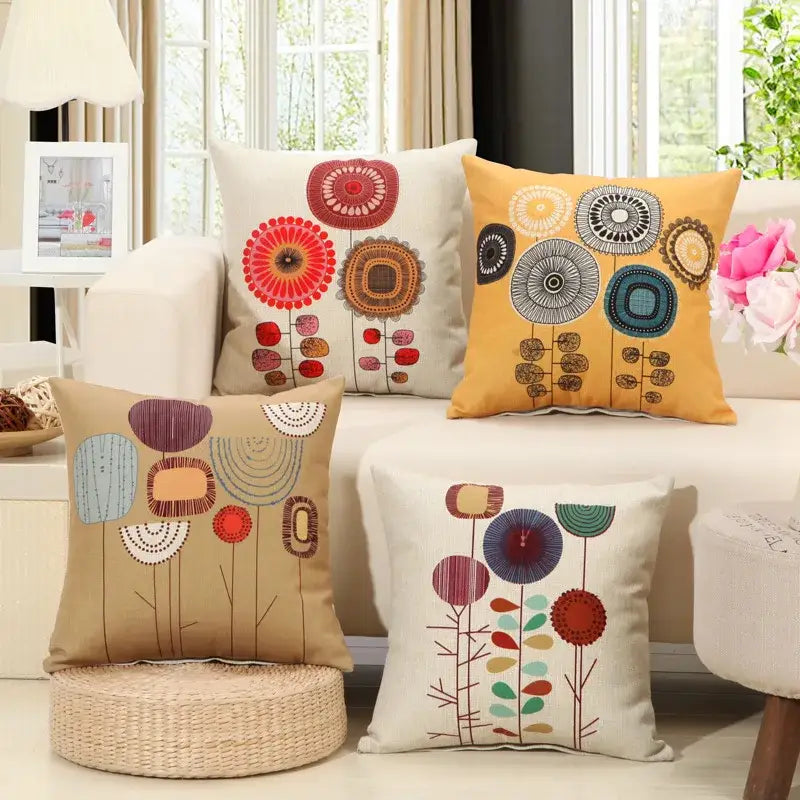 Abstract tree flower embroidered beige pillow cover living room
