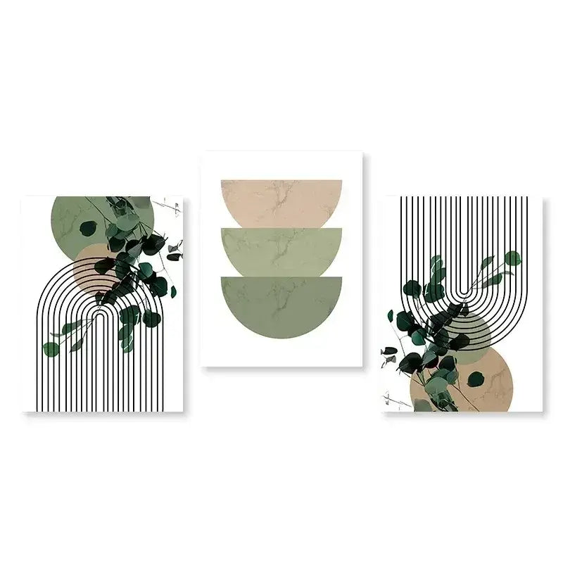 Modern abstract green & black botanical wall art set living room