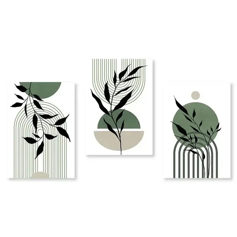 Modern abstract green & black botanical wall art set living room