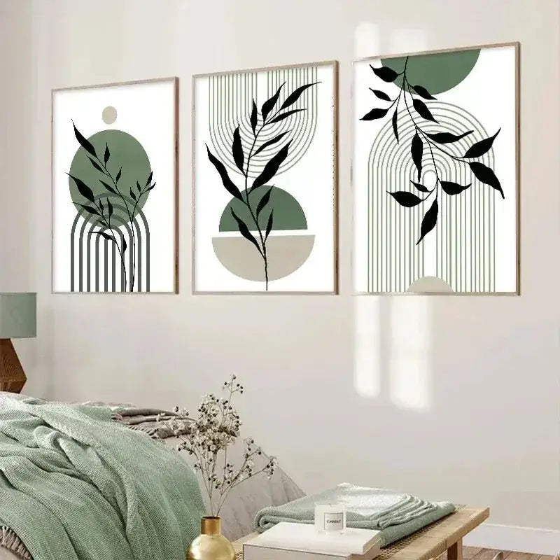 Modern abstract green & black botanical wall art set living room