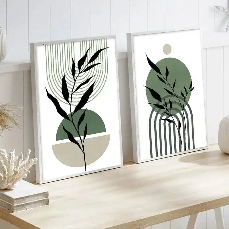 Modern abstract green & black botanical wall art set living room