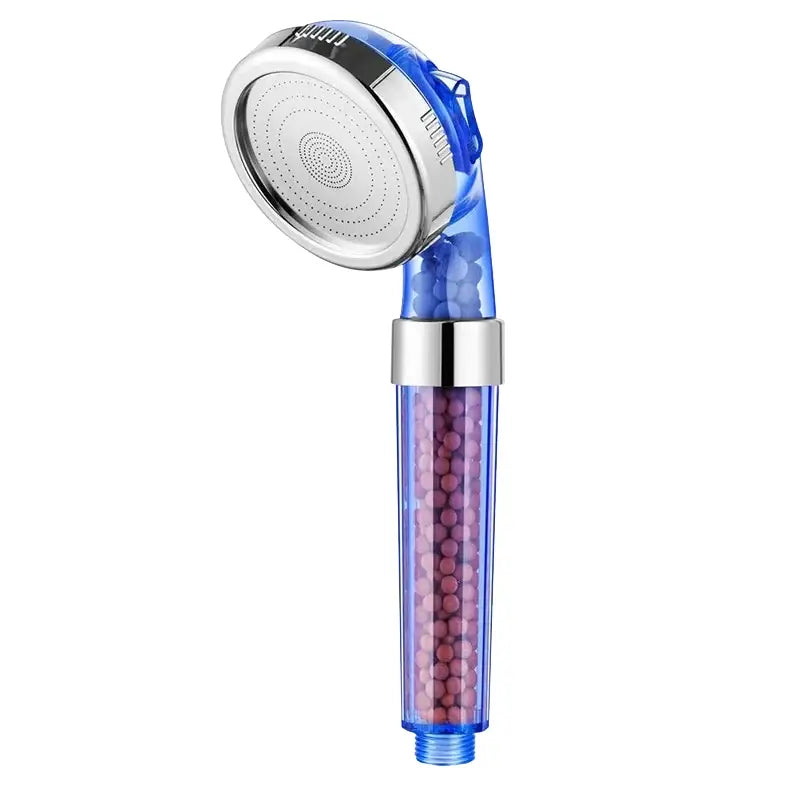 Adjustable shower head with chrome accents and filter beads bathroom