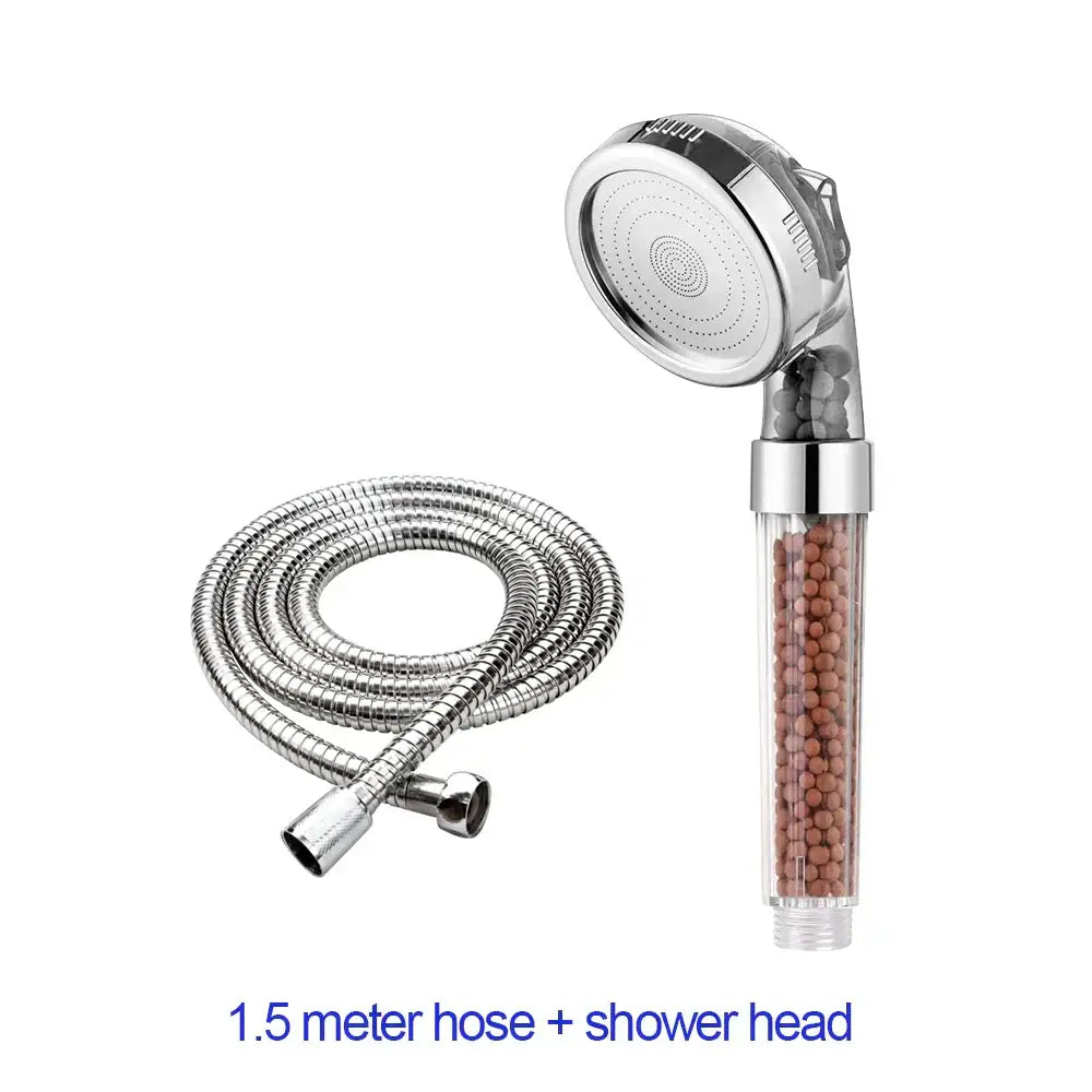 Adjustable shower head with chrome accents and filter beads bathroom