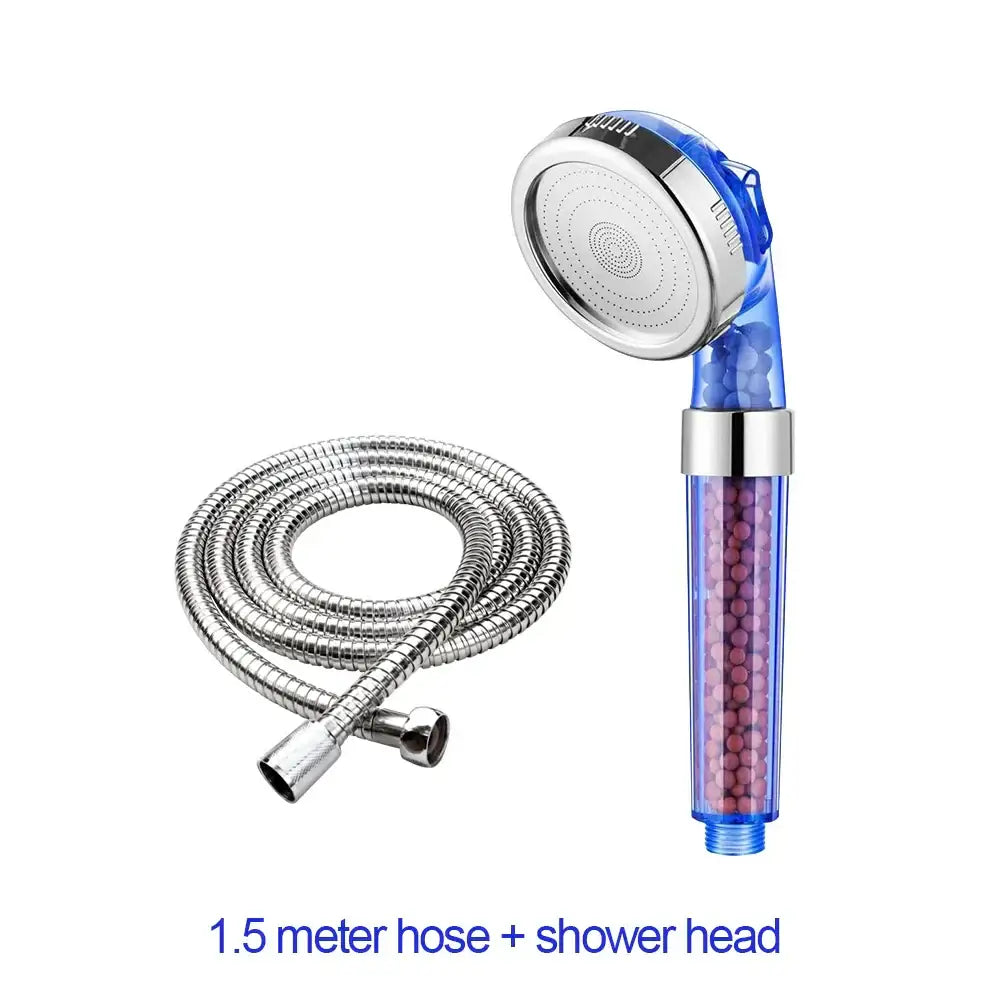 Adjustable shower head with chrome accents and filter beads bathroom