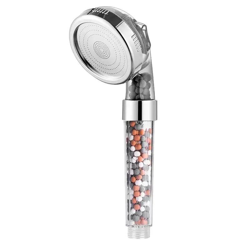 Adjustable shower head with chrome accents and filter beads bathroom
