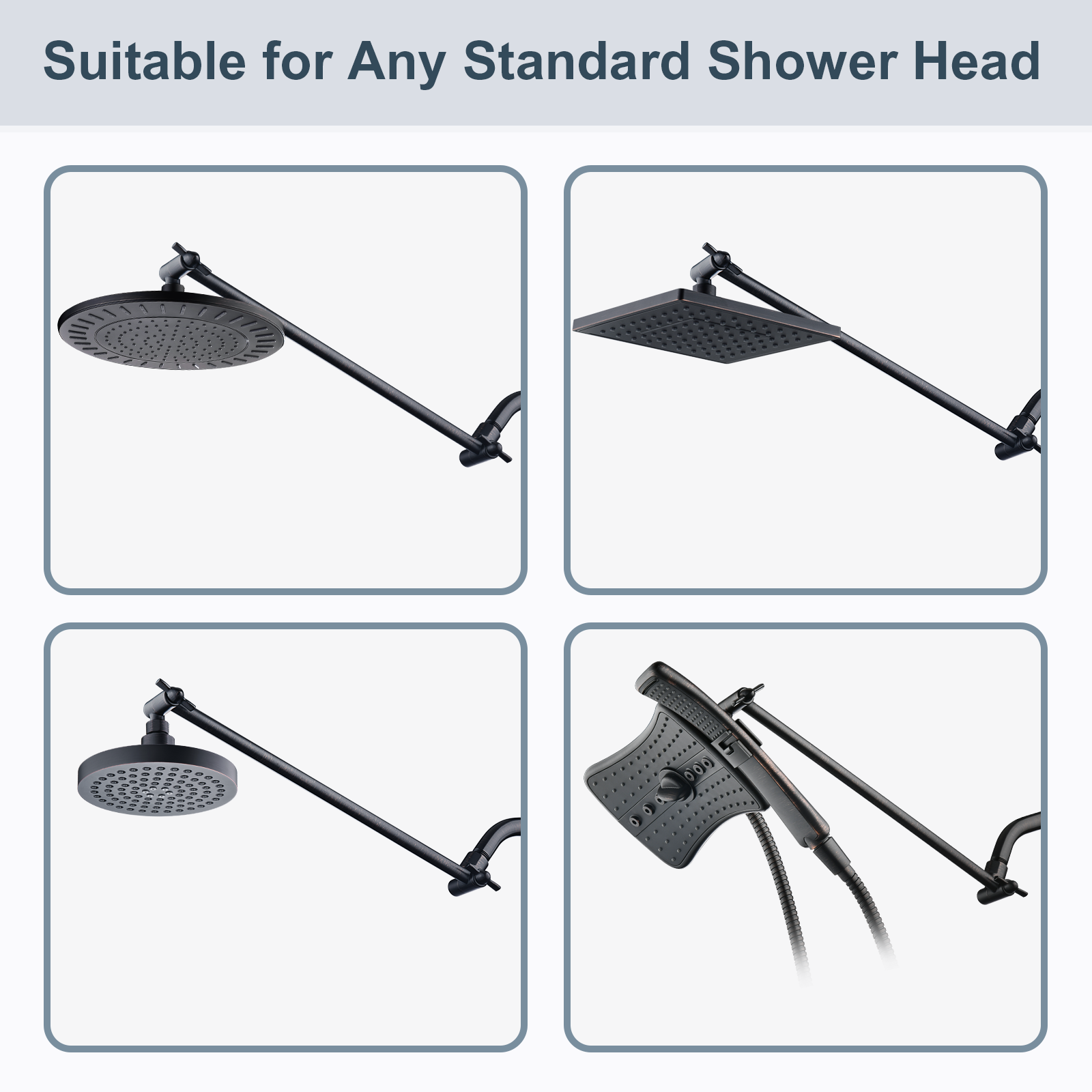 15 Inch Solid Brass Shower Head Extension Arm, Height & Angle Adjustable