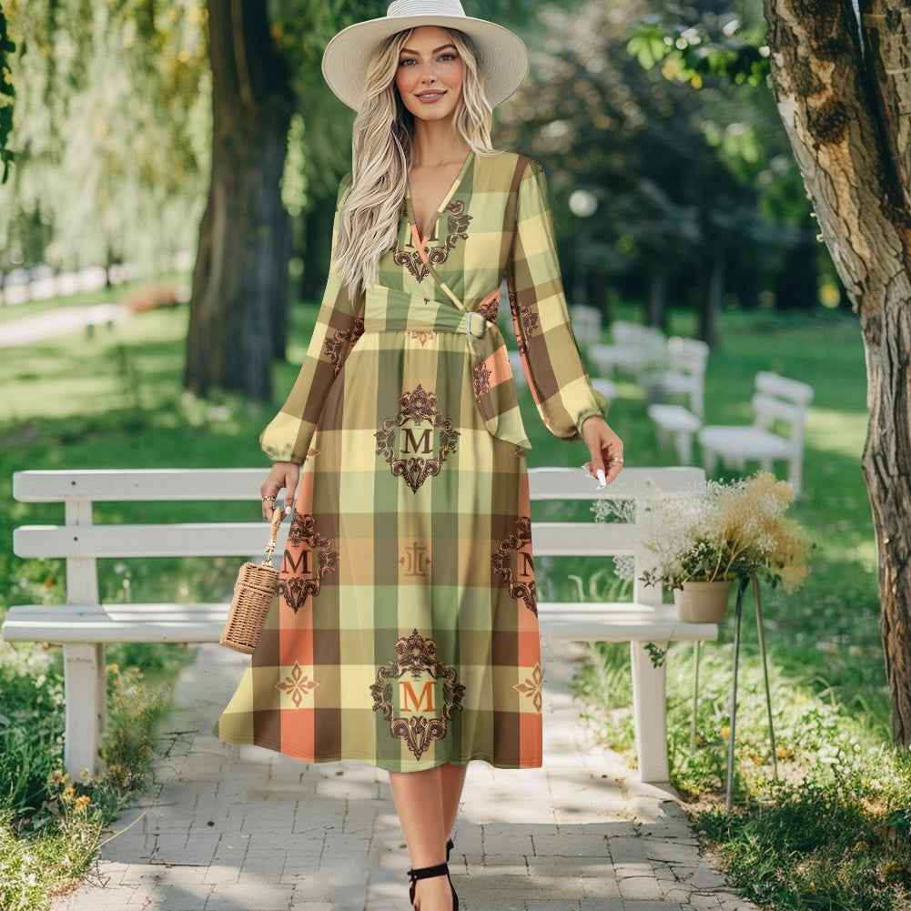 V-Neck Long Sleeve Midi Dress