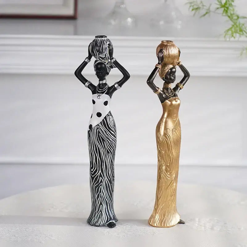 African style black woman resin figurine living room decor gold accents