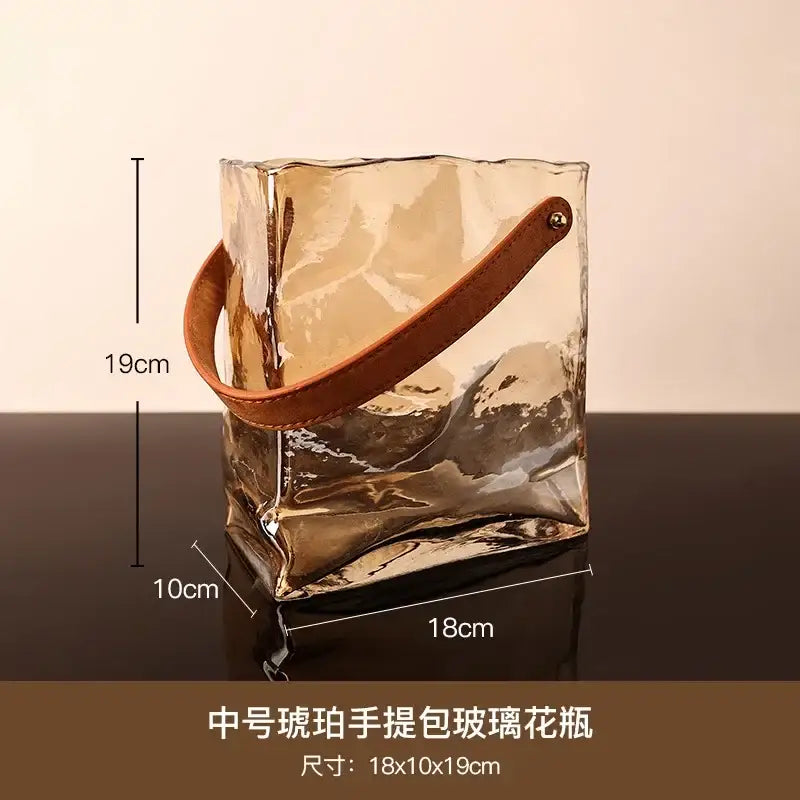 Amber crinkled bag shape glass vase living room decor