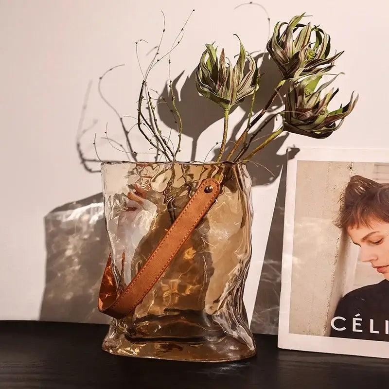 Amber crinkled bag shape glass vase living room decor