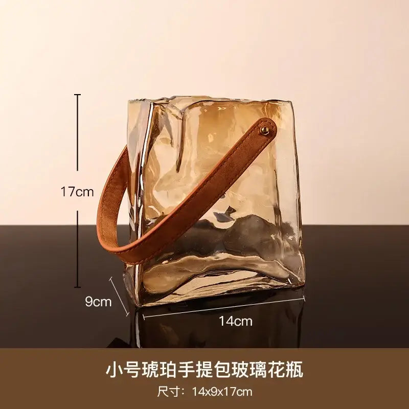 Amber crinkled bag shape glass vase living room decor