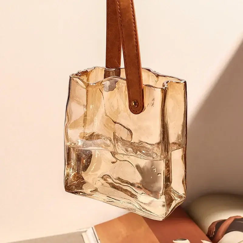 Amber crinkled bag shape glass vase living room decor