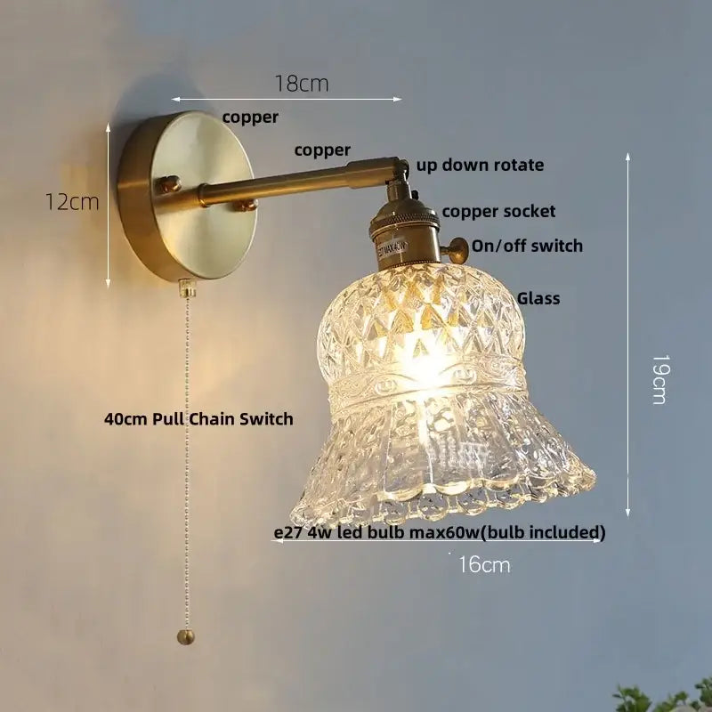 Amber flower crystal glass wall light fixture bedroom pull chain