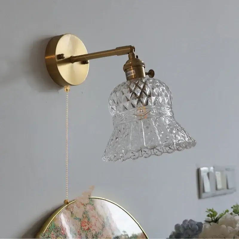 Amber flower crystal glass wall light fixture bedroom pull chain