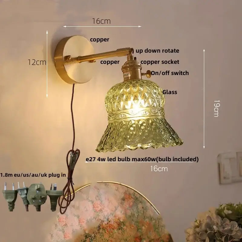 Amber flower crystal glass wall light fixture bedroom pull chain