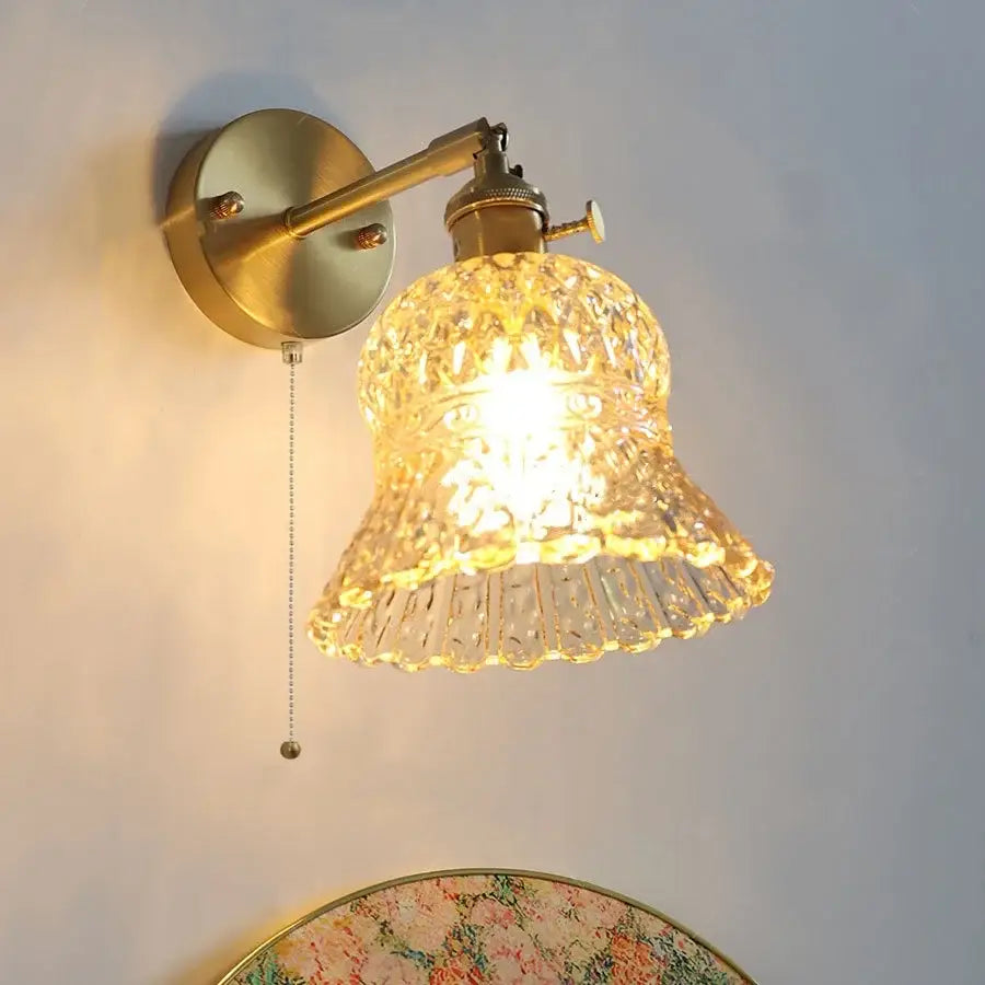 Amber flower crystal glass wall light fixture bedroom pull chain