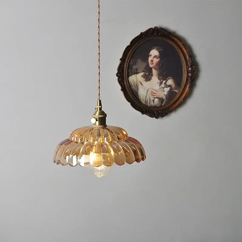 Amber flower glass pendant light for dining room brass finish