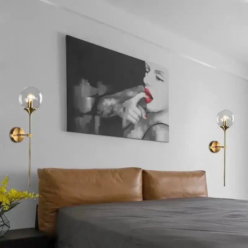 Amber glass ball sconce light brass finish bedroom wall lamp