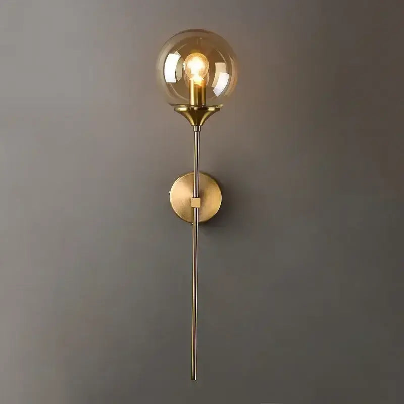 Amber glass ball sconce light brass finish bedroom wall lamp