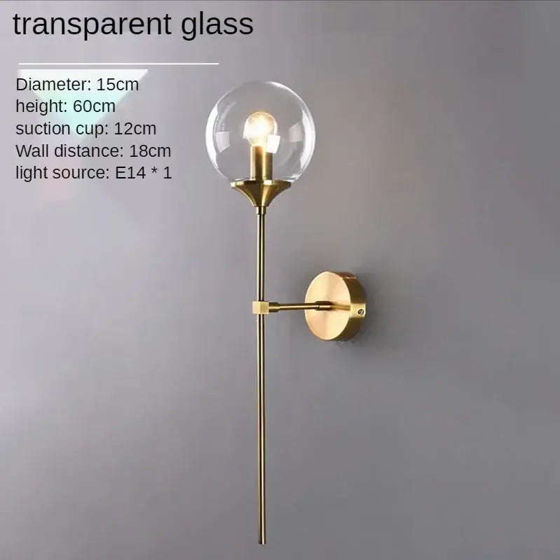 Amber glass ball sconce light brass finish bedroom wall lamp