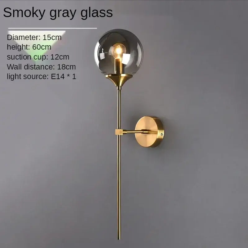 Amber glass ball sconce light brass finish bedroom wall lamp