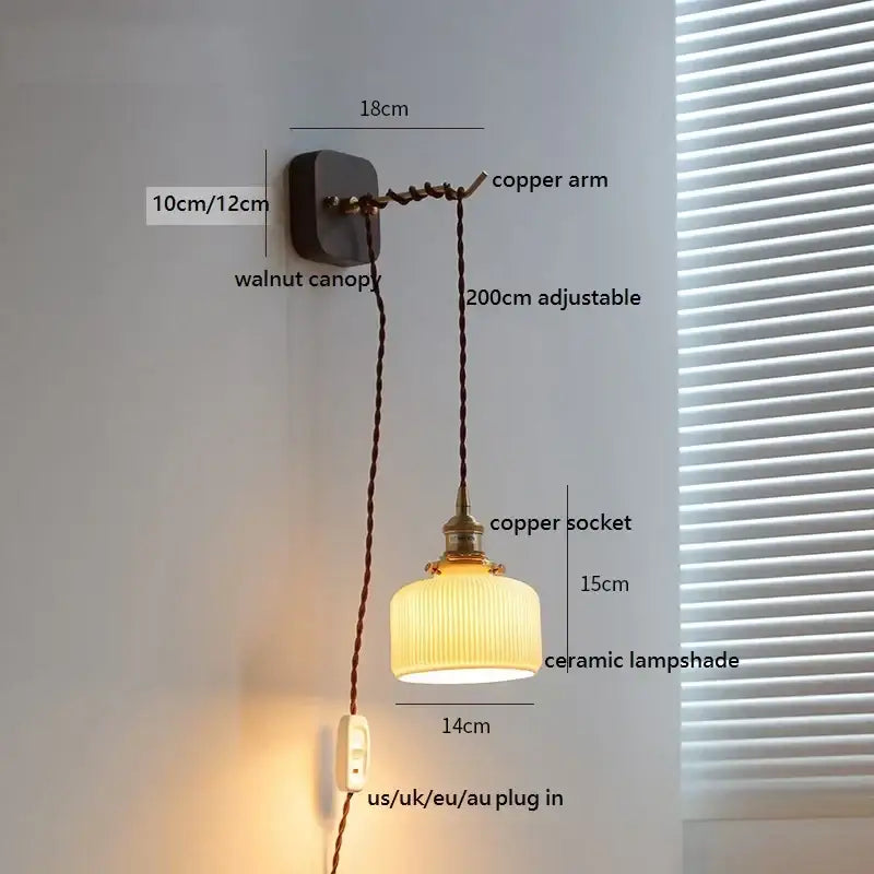 Amber glass ceramic ball led wall lights for bedroom with pull chain