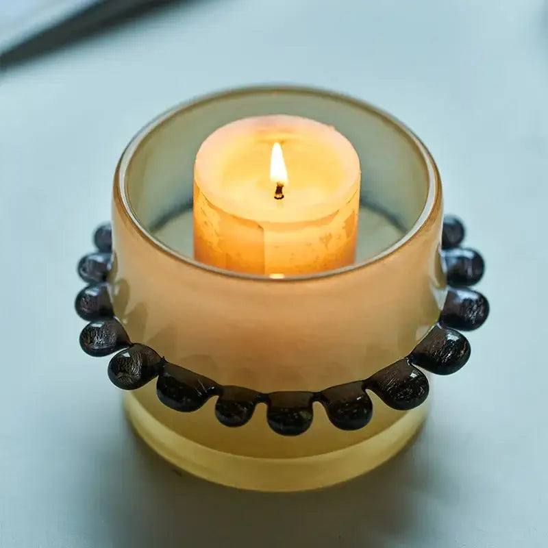 Amber glass cylinder vase with black beaded rim – living room decor