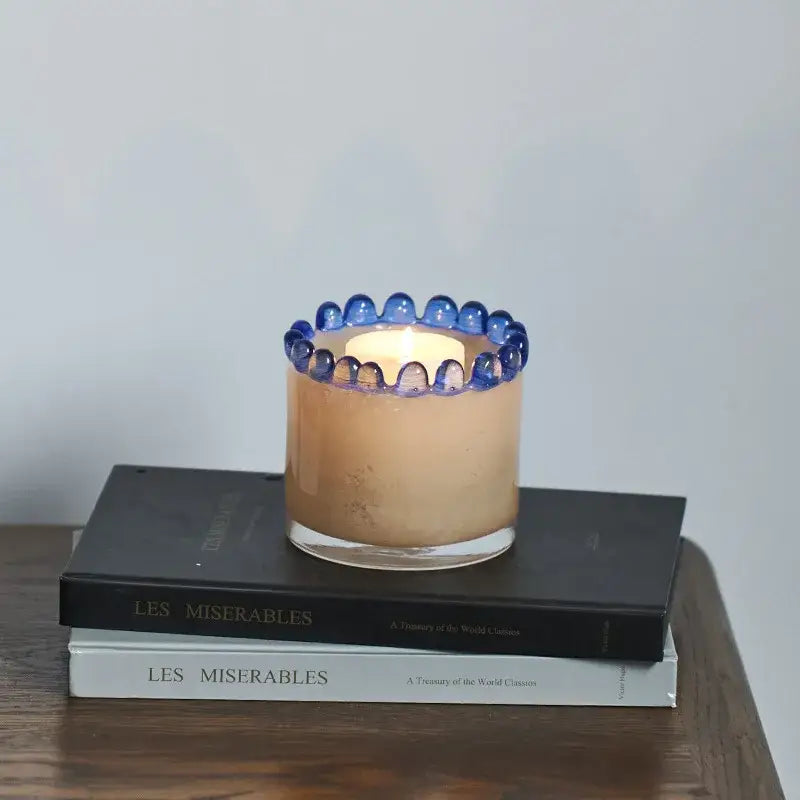 Amber glass cylinder vase with black beaded rim – living room decor