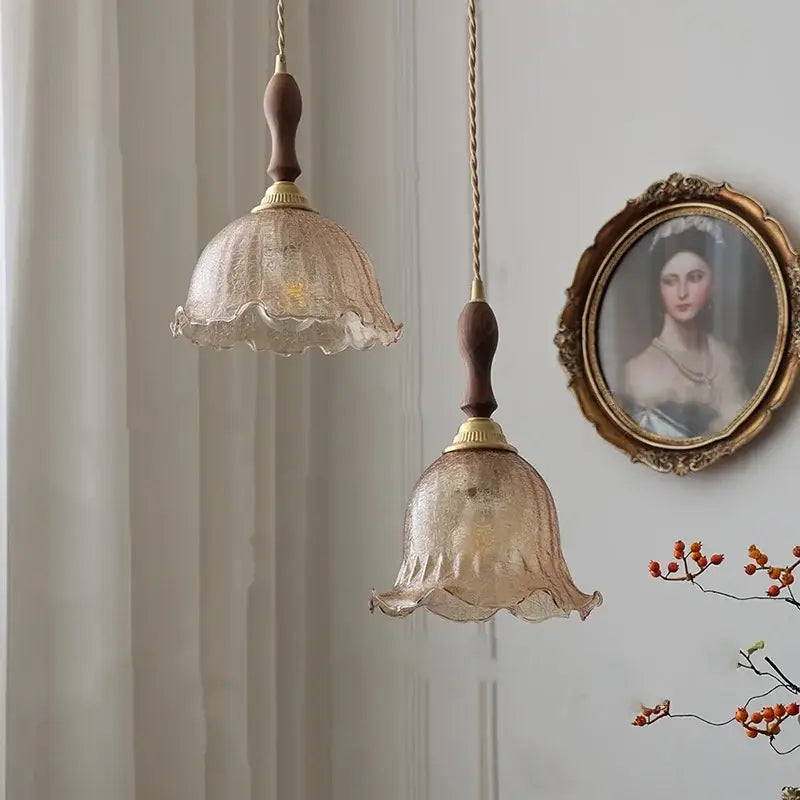 Amber glass led pendant lamp walnut & copper kitchen light