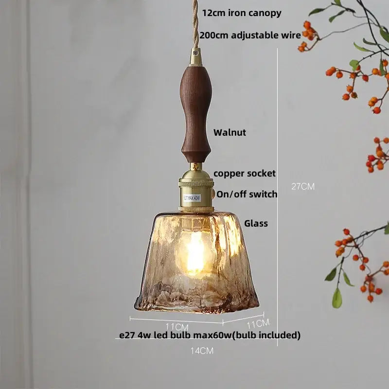 Amber glass pendant light with brass knob switch for dining room
