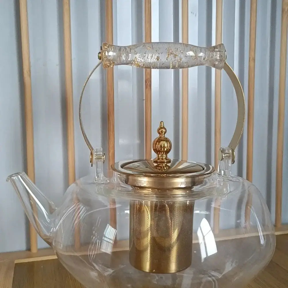 Amber glass teapot with gold infuser – kitchen tea maker