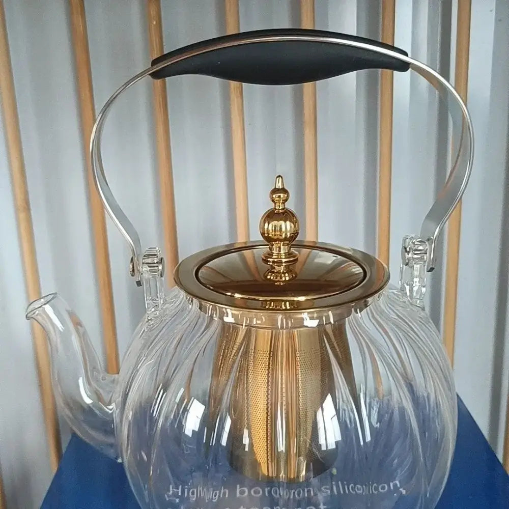 Amber glass teapot with gold infuser – kitchen tea maker