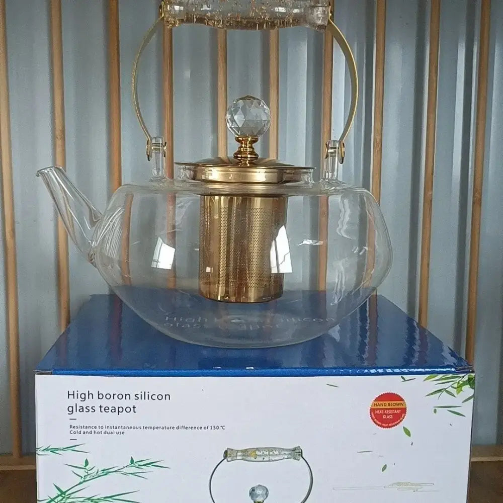 Amber glass teapot with gold infuser – kitchen tea maker