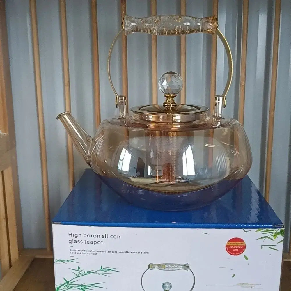 Amber glass teapot with gold infuser – kitchen tea maker