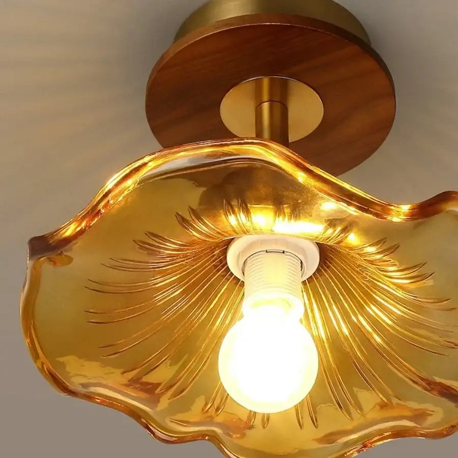 Amber glass wood copper led ceiling light dining room wavy lamp