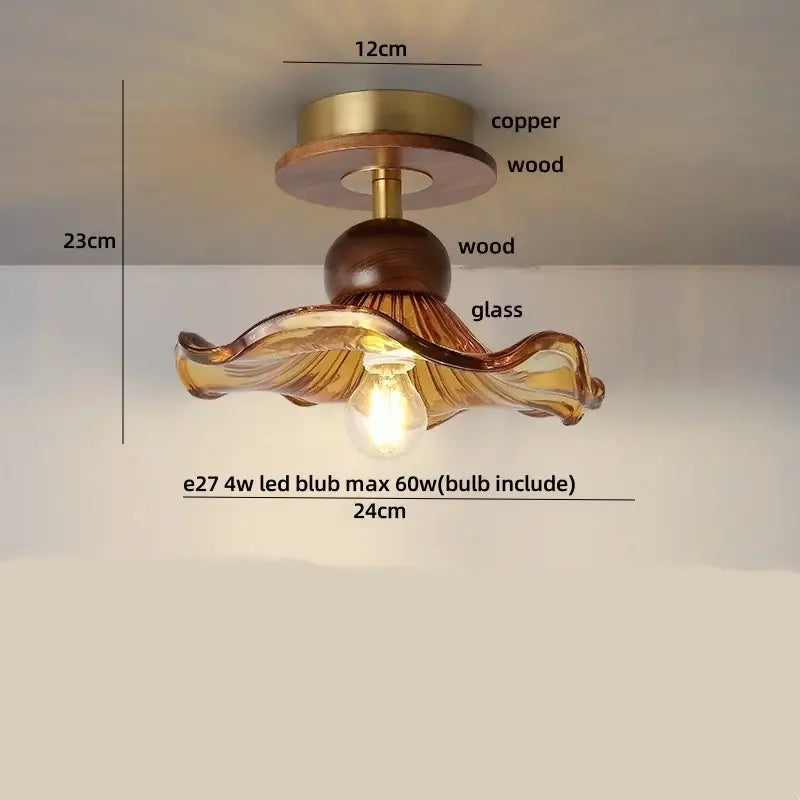 Amber glass wood copper led ceiling light dining room wavy lamp