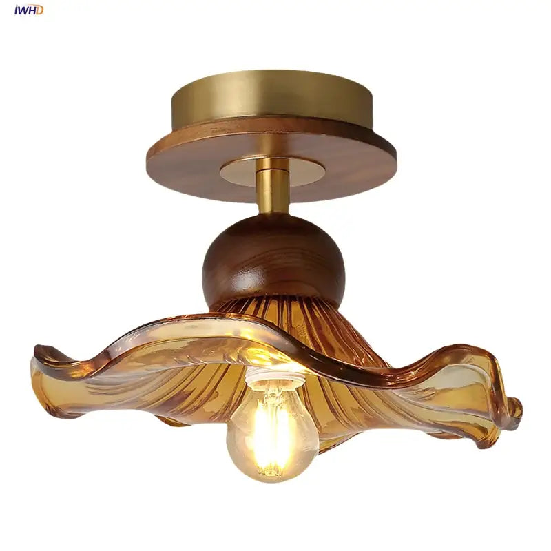 Amber glass wood copper led ceiling light dining room wavy lamp