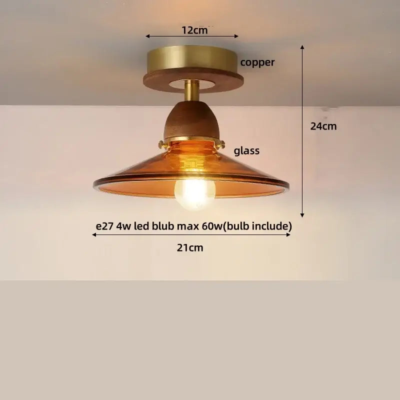 Amber ice crack glass wood ceiling light bedroom fixture