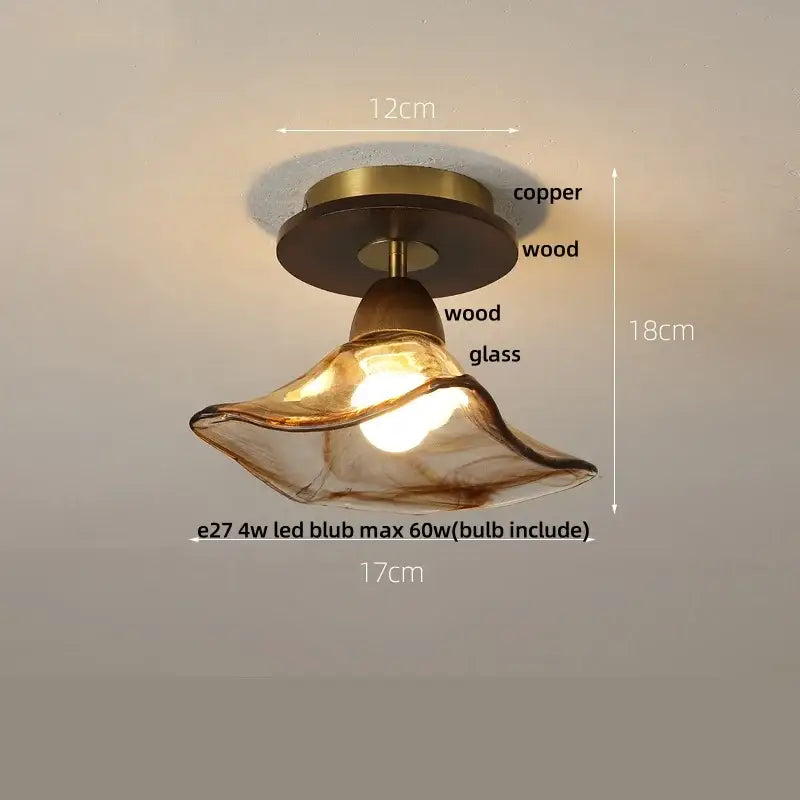 Amber ice crack glass wood ceiling light bedroom fixture